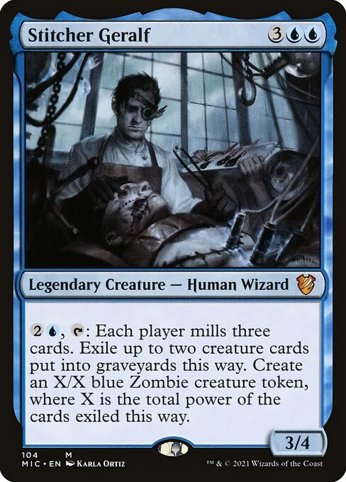 Stitcher Geralf, carta Magic di tipo Legendary Creature — Human Wizard illustrata da Karla Ortiz