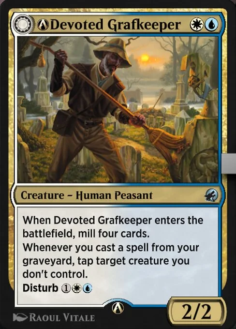 A-Devoted Grafkeeper // A-Departed Soulkeeper, carta Magic di tipo Creature — Human Peasant // Creature — Spirit illustrata da Raoul Vitale
