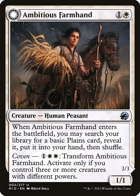 Ambitious Farmhand // Seasoned Cathar, carta Magic di tipo Creature — Human Peasant // Creature — Human Knight illustrata da Bryan Sola