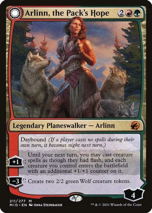 Arlinn, the Pack's Hope // Arlinn, the Moon's Fury, carta Magic di tipo Legendary Planeswalker — Arlinn // Legendary Planeswalker — Arlinn illustrata da Anna Steinbauer