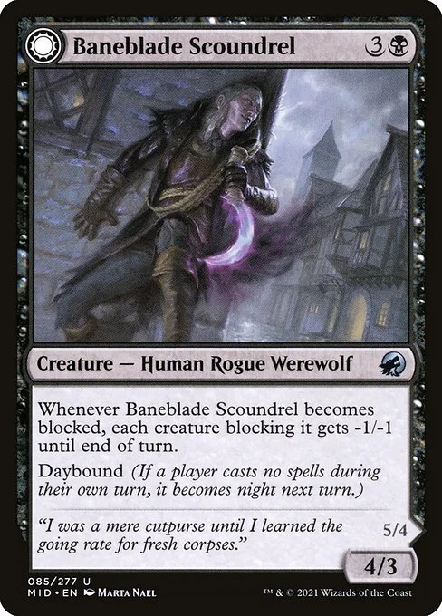 Baneblade Scoundrel // Baneclaw Marauder, carta Magic di tipo Creature — Human Rogue Werewolf // Creature — Werewolf illustrata da Marta Nael