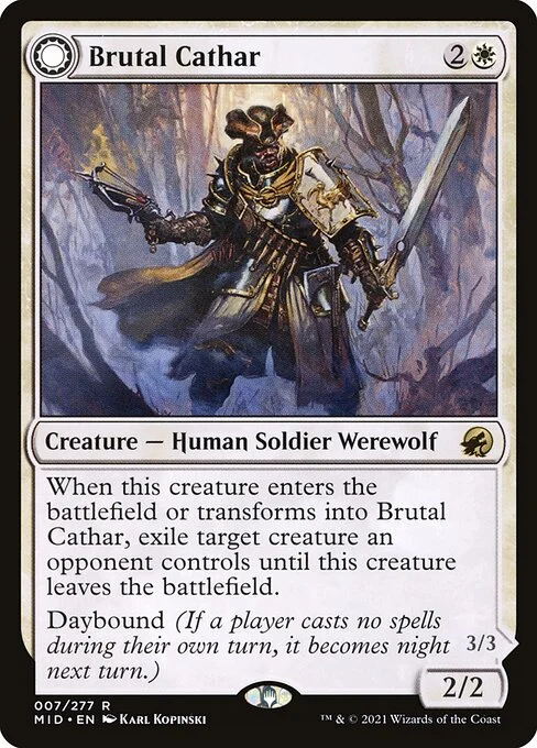 Brutal Cathar // Moonrage Brute, carta Magic di tipo Creature — Human Soldier Werewolf // Creature — Werewolf illustrata da Karl Kopinski