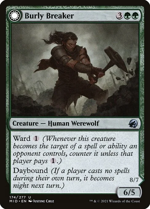 Burly Breaker // Dire-Strain Demolisher, carta Magic di tipo Creature — Human Werewolf // Creature — Werewolf illustrata da Justine Cruz