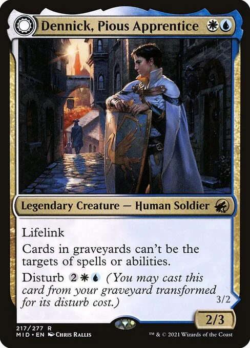 Dennick, Pious Apprentice // Dennick, Pious Apparition, carta Magic di tipo Legendary Creature — Human Soldier // Legendary Creature — Spirit Soldier illustrata da Chris Rallis