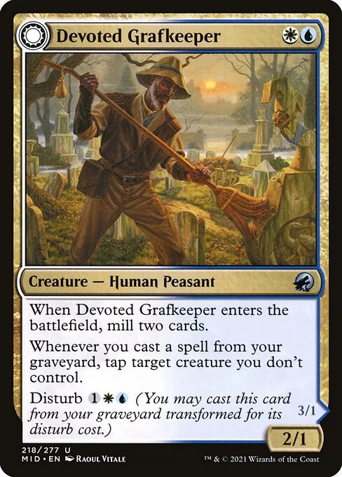Devoted Grafkeeper // Departed Soulkeeper, carta Magic di tipo Creature — Human Peasant // Creature — Spirit illustrata da Raoul Vitale
