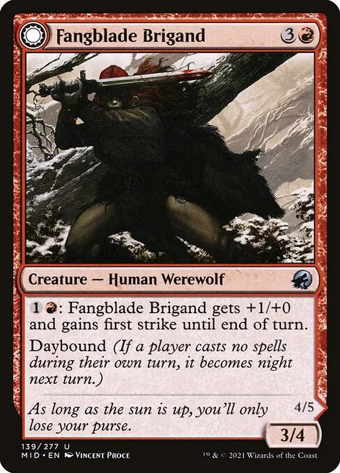 Fangblade Brigand // Fangblade Eviscerator, carta Magic di tipo Creature — Human Werewolf // Creature — Werewolf illustrata da Vincent Proce