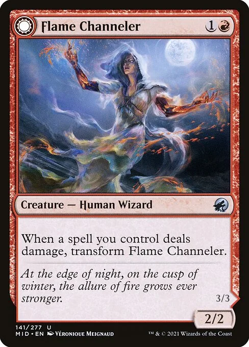 Flame Channeler // Embodiment of Flame, carta Magic di tipo Creature — Human Wizard // Creature — Elemental Wizard illustrata da Véronique Meignaud