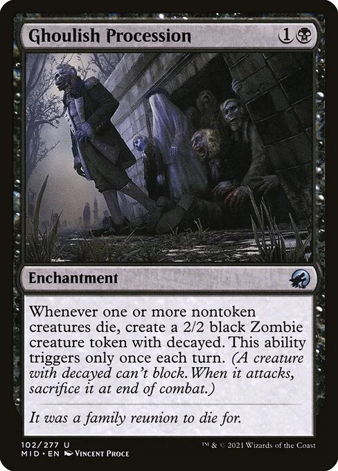 Ghoulish Procession, carta Magic di tipo Enchantment illustrata da Vincent Proce