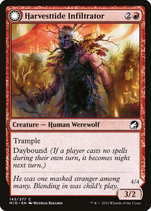Harvesttide Infiltrator // Harvesttide Assailant, carta Magic di tipo Creature — Human Werewolf // Creature — Werewolf illustrata da Mathias Kollros
