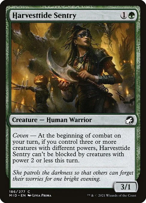 Harvesttide Sentry, carta Magic di tipo Creature — Human Warrior illustrata da Livia Prima