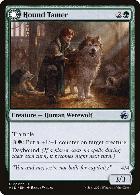 Hound Tamer // Untamed Pup, carta Magic di tipo Creature — Human Werewolf // Creature — Werewolf illustrata da Randy Vargas