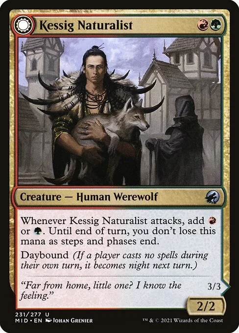 Kessig Naturalist // Lord of the Ulvenwald, carta Magic di tipo Creature — Human Werewolf // Creature — Werewolf illustrata da Johan Grenier