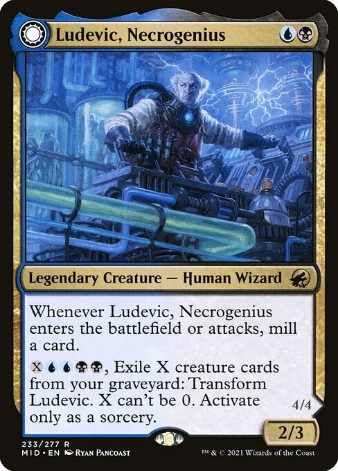 Ludevic, Necrogenius // Olag, Ludevic's Hubris, carta Magic di tipo Legendary Creature — Human Wizard // Legendary Creature — Zombie illustrata da Ryan Pancoast