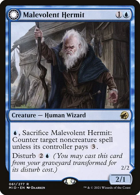 Malevolent Hermit // Benevolent Geist, carta Magic di tipo Creature — Human Wizard // Creature — Spirit Wizard illustrata da Daarken