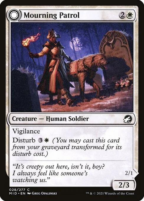 Mourning Patrol // Morning Apparition, carta Magic di tipo Creature — Human Soldier // Creature — Spirit Soldier illustrata da Greg Opalinski