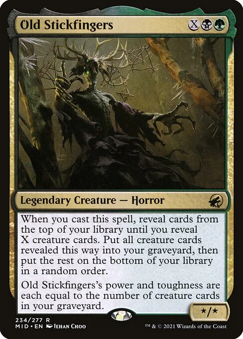 Old Stickfingers, carta Magic di tipo Legendary Creature — Horror illustrata da Jehan Choo