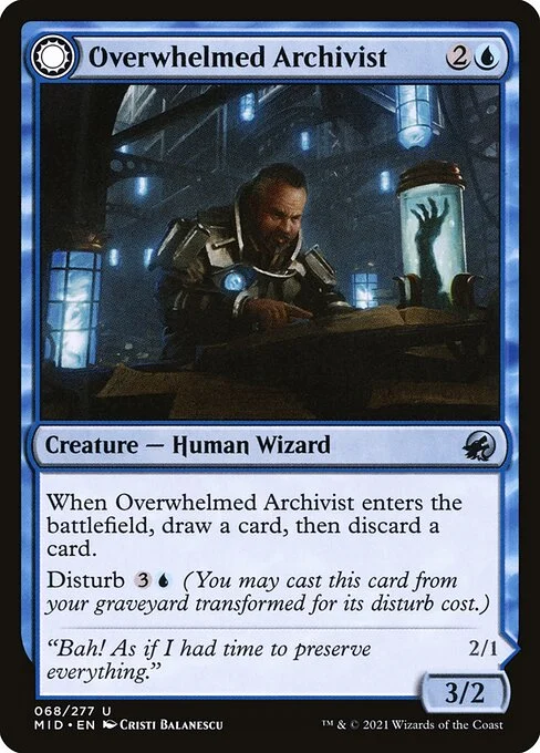 Overwhelmed Archivist // Archive Haunt, carta Magic di tipo Creature — Human Wizard // Creature — Spirit Wizard illustrata da Cristi Balanescu