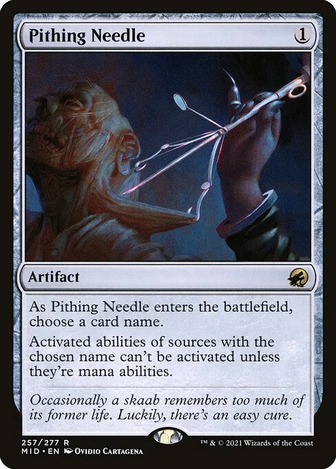 Pithing Needle, carta Magic di tipo Artifact illustrata da Ovidio Cartagena
