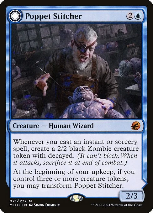 Poppet Stitcher // Poppet Factory, carta Magic di tipo Creature — Human Wizard // Artifact illustrata da Simon Dominic