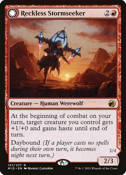 Reckless Stormseeker // Storm-Charged Slasher, carta Magic di tipo Creature — Human Werewolf // Creature — Werewolf illustrata da Manuel Castañón