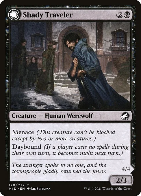 Shady Traveler // Stalking Predator, carta Magic di tipo Creature — Human Werewolf // Creature — Werewolf illustrata da Lie Setiawan