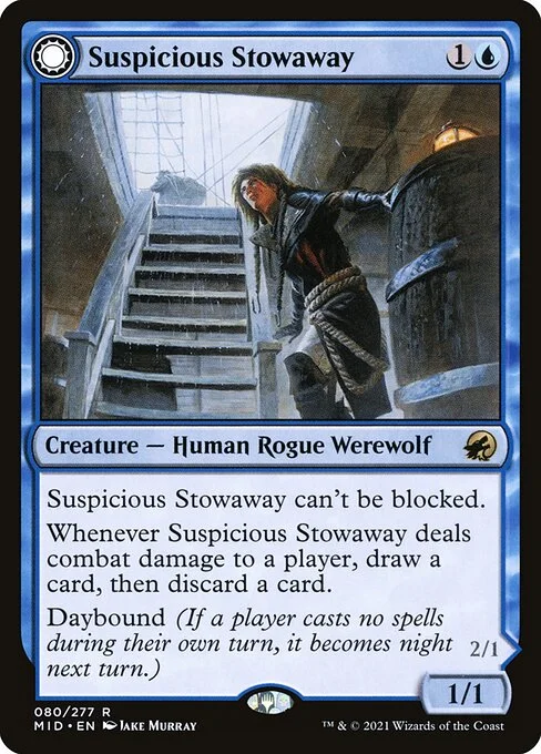 Suspicious Stowaway // Seafaring Werewolf, carta Magic di tipo Creature — Human Rogue Werewolf // Creature — Werewolf illustrata da Jake Murray