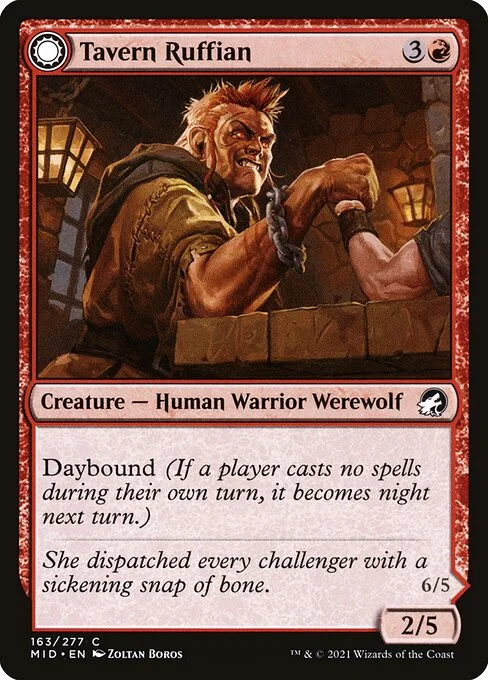 Tavern Ruffian // Tavern Smasher, carta Magic di tipo Creature — Human Warrior Werewolf // Creature — Werewolf illustrata da Zoltan Boros