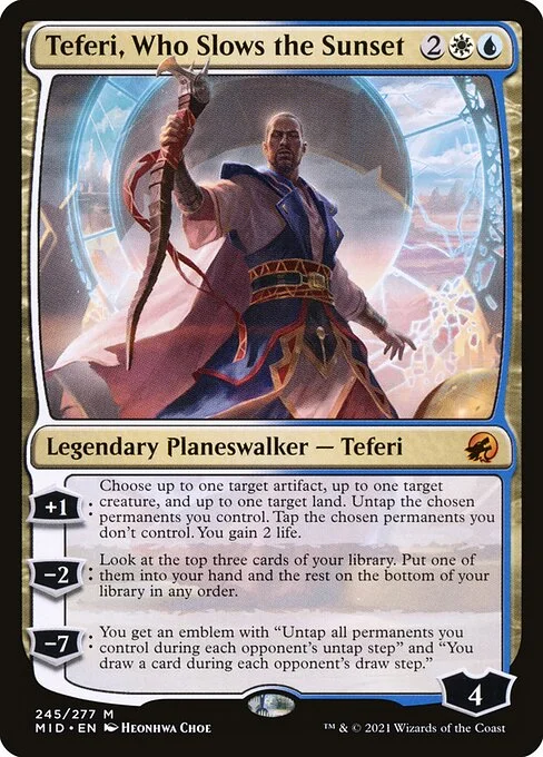 Teferi, Who Slows the Sunset, carta Magic di tipo Legendary Planeswalker — Teferi illustrata da Heonhwa