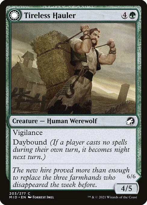Tireless Hauler // Dire-Strain Brawler, carta Magic di tipo Creature — Human Werewolf // Creature — Werewolf illustrata da Forrest Imel
