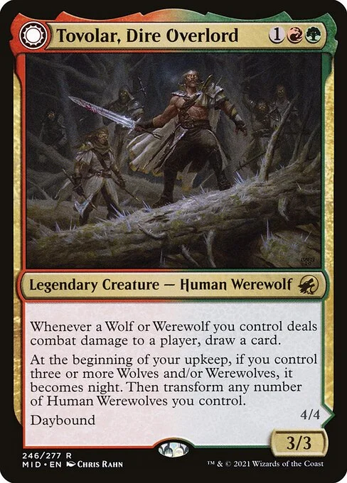 Tovolar, Dire Overlord // Tovolar, the Midnight Scourge, carta Magic di tipo Legendary Creature — Human Werewolf // Legendary Creature — Werewolf illustrata da Chris Rahn