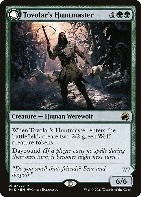 Tovolar's Huntmaster // Tovolar's Packleader, carta Magic di tipo Creature — Human Werewolf // Creature — Werewolf illustrata da Cristi Balanescu