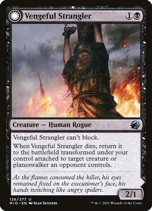 Vengeful Strangler // Strangling Grasp, carta Magic di tipo Creature — Human Rogue // Enchantment — Aura illustrata da Sean Sevestre