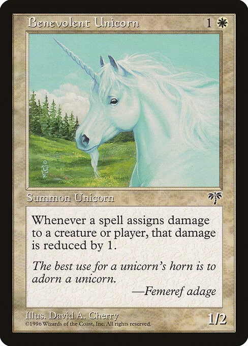 Benevolent Unicorn, carta Magic di tipo Creature — Unicorn illustrata da David A. Cherry