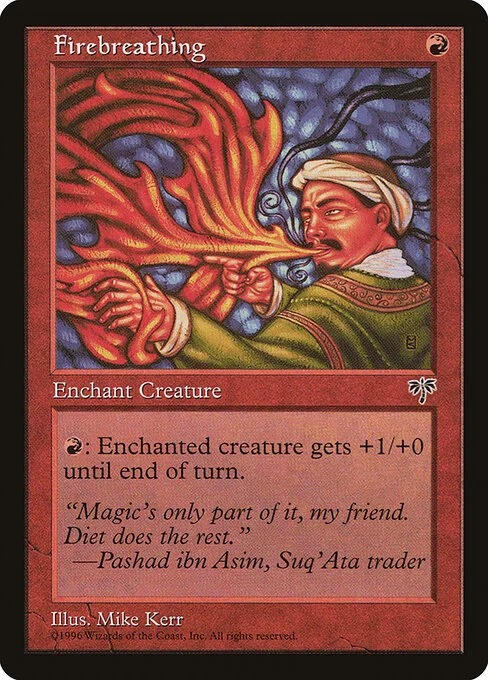 Firebreathing, carta Magic di tipo Enchantment — Aura illustrata da Mike Kerr