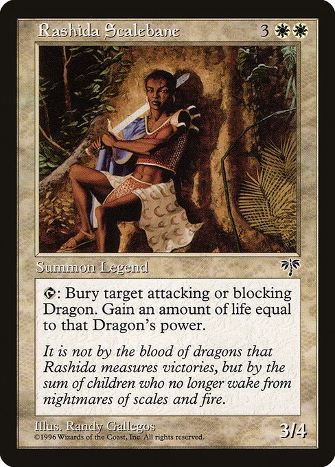 Rashida Scalebane, carta Magic di tipo Legendary Creature — Human Soldier illustrata da Randy Gallegos