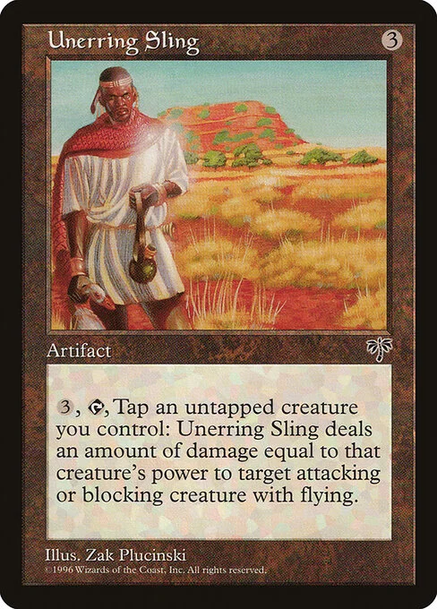 Unerring Sling, carta Magic di tipo Artifact illustrata da Zak Plucinski