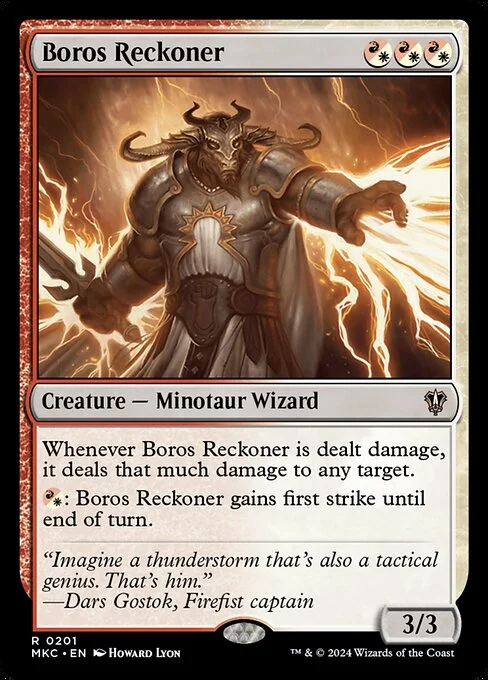 Boros Reckoner, carta Magic di tipo Creature — Minotaur Wizard illustrata da Howard Lyon
