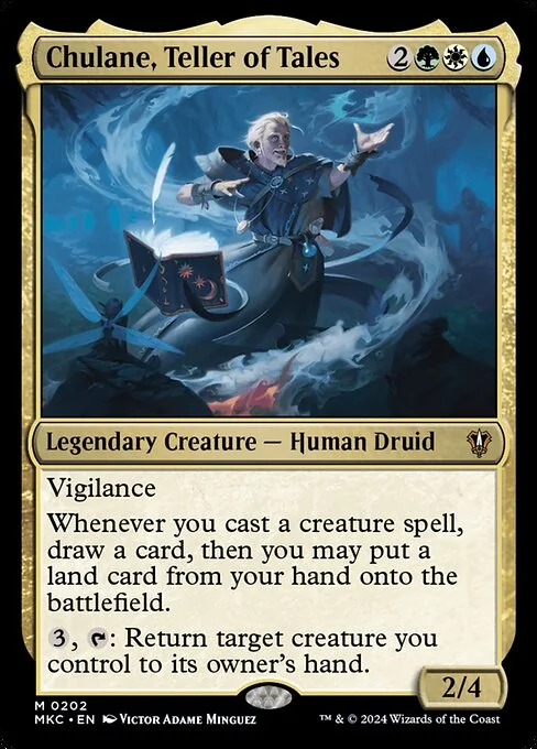 Chulane, Teller of Tales, carta Magic di tipo Legendary Creature — Human Druid illustrata da Victor Adame Minguez