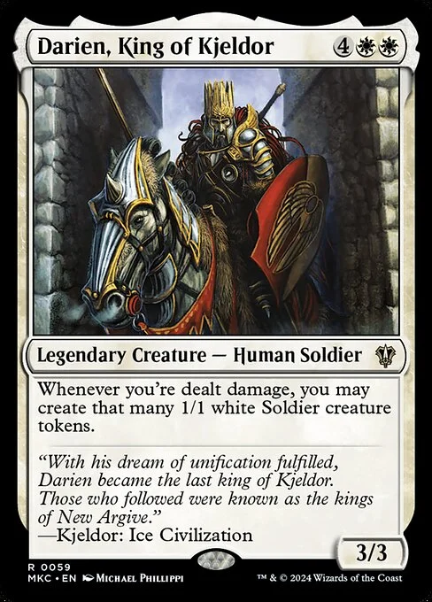 Darien, King of Kjeldor, carta Magic di tipo Legendary Creature — Human Soldier illustrata da Michael Phillippi
