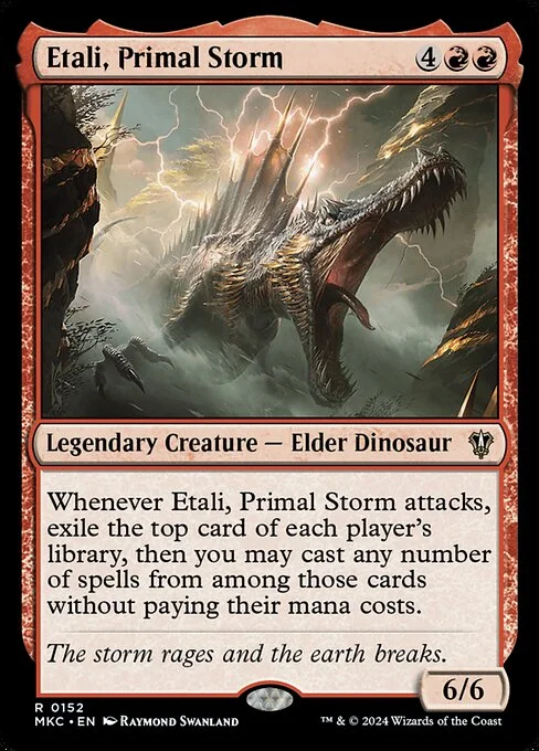 Etali, Primal Storm, carta Magic di tipo Legendary Creature — Elder Dinosaur illustrata da Raymond Swanland