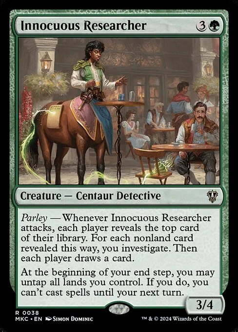 Innocuous Researcher, carta Magic di tipo Creature — Centaur Detective illustrata da Simon Dominic