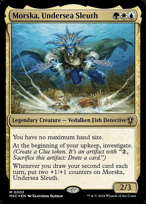 Morska, Undersea Sleuth, carta Magic di tipo Legendary Creature — Vedalken Fish Detective illustrata da Ekaterina Burmak