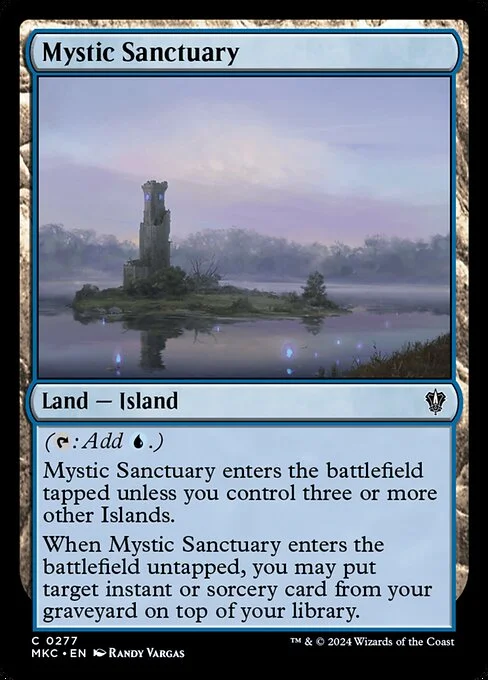 Mystic Sanctuary, carta Magic di tipo Land — Island illustrata da Randy Vargas