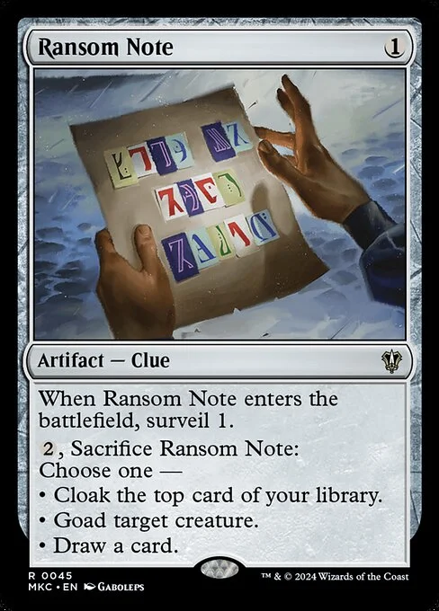 Ransom Note, carta Magic di tipo Artifact — Clue illustrata da Gaboleps
