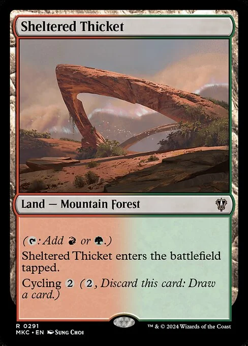 Sheltered Thicket, carta Magic di tipo Land — Mountain Forest illustrata da Sung Choi