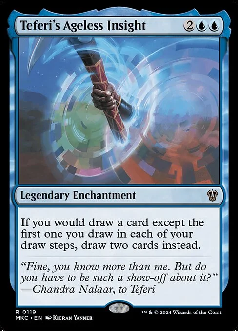 Teferi's Ageless Insight, carta Magic di tipo Legendary Enchantment illustrata da Kieran Yanner