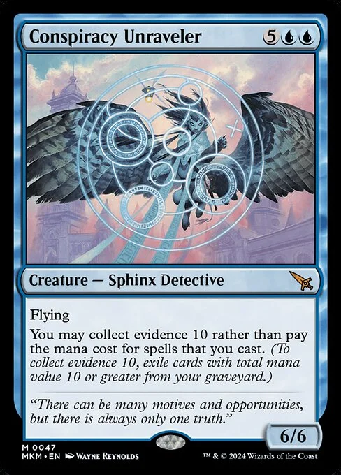 Conspiracy Unraveler, carta Magic di tipo Creature — Sphinx Detective illustrata da Wayne Reynolds