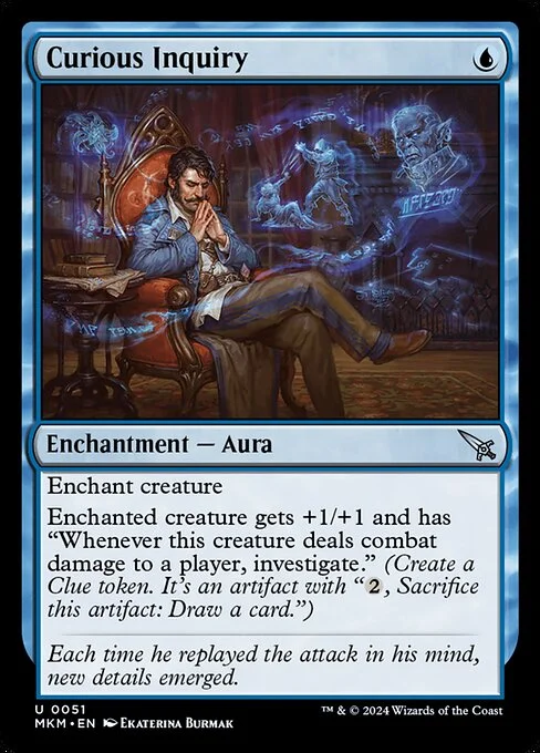 Curious Inquiry, carta Magic di tipo Enchantment — Aura illustrata da Ekaterina Burmak