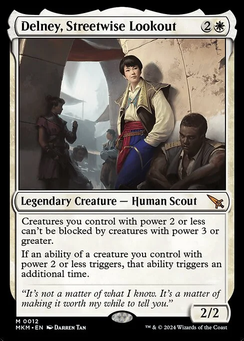 Delney, Streetwise Lookout, carta Magic di tipo Legendary Creature — Human Scout illustrata da Darren Tan