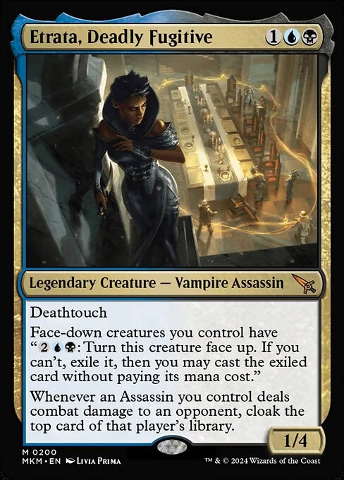 Etrata, Deadly Fugitive, carta Magic di tipo Legendary Creature — Vampire Assassin illustrata da Livia Prima